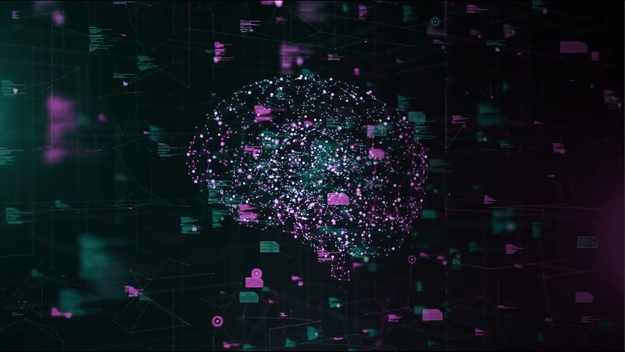 A digital brain formed from connected points of knowledge, surrounded by documents and people